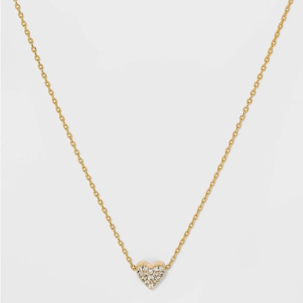 Sterling Silver Gold Dipped Cubic Zirconia Heart Chain Necklace NWT - Picture 2 of 8